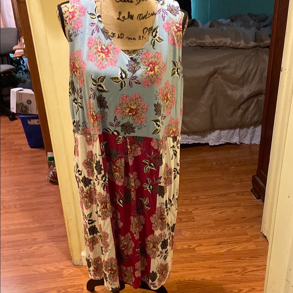 J. Jill Floral Colorblock Midi Dress — Light Blue, Cream & Wine